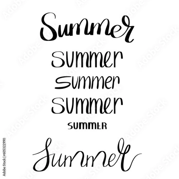 Fototapeta Summer hand drawn brush letterings set. Summer typography with sun and palm trees. Black and white lettering. Hand drawn summertime.