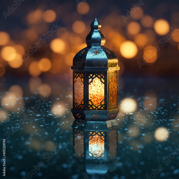 Fototapeta Ramadan lantern on a reflective water surface with a background of blurry lights and a mute background, creative ai 
