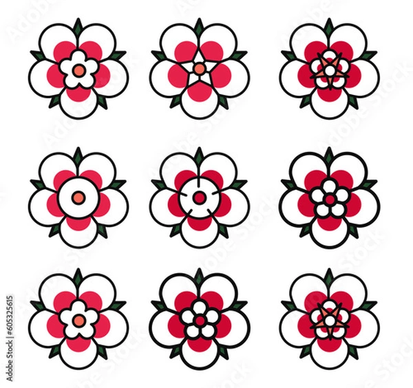 Fototapeta Japanese Tattoo-Inspired Flower Vectors: Top-Down View with Red Details on White Background icons