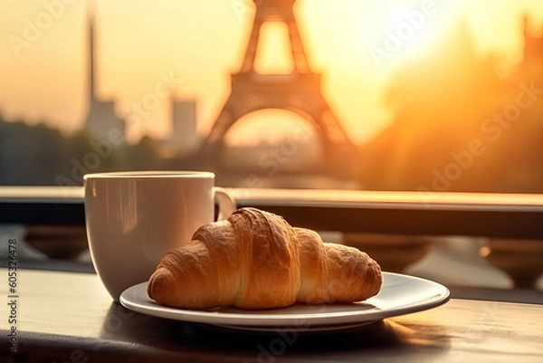 Fototapeta Croissant on plate with a cup of coffee in front of Eiffel Tower, Generative AI