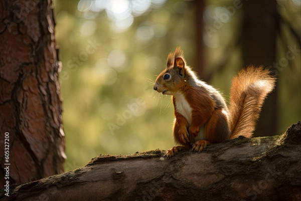 Obraz Red fluffy squirrel on a tree. Generative AI.