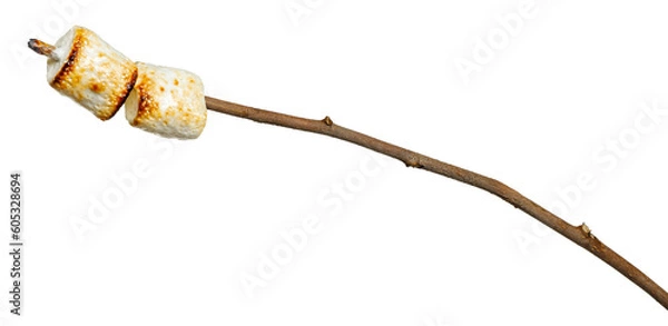 Obraz two toasted marshmallows on wooden stick isolated on white