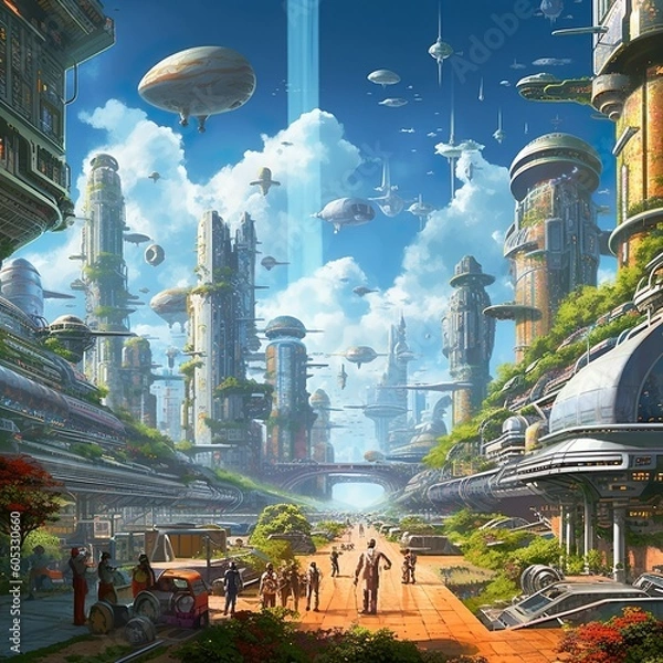 Obraz Futuristischer und Zukunftsweisender Ort, hochauflösende Darstellung einer hellen, fröhlichen Welt der Zukunft, frei von den Schrecken des Krieges