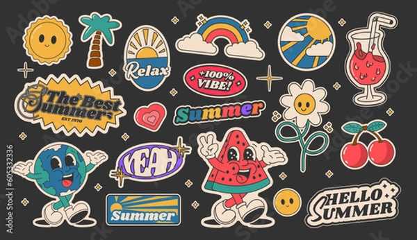 Fototapeta Cartoon summer groovy stickers 70s. Cute retro characters. Hippie style, set cute sunny labels. Isolated on black background
