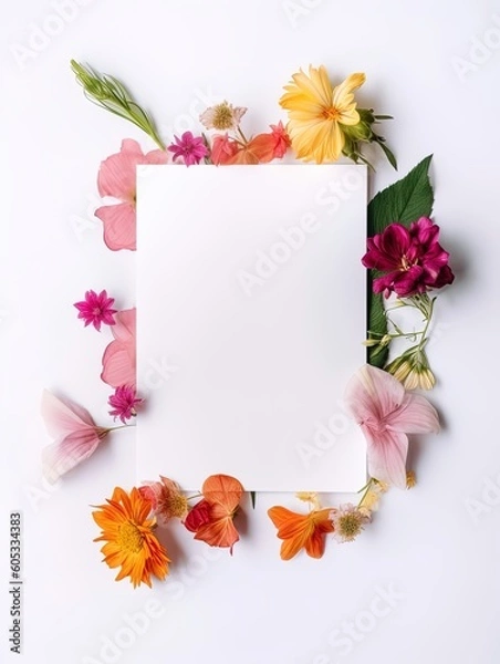 Obraz Vertical top view blank card with flowers Abstract organic flowers Blooming floral on white background for invitation card