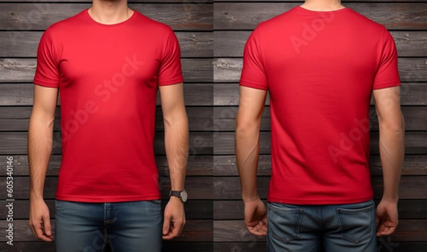 Fototapeta plain red t-shirt mockup template, photo studio with male model, with view, front and back, generative ai