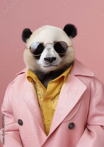Obraz Panda in clothes, in suit, fashion and stylish retro style portrait generative ai
