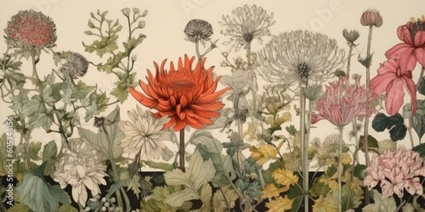 Obraz Artful illustration of diversity of plants and flowers, colorful meadow, Generative AI