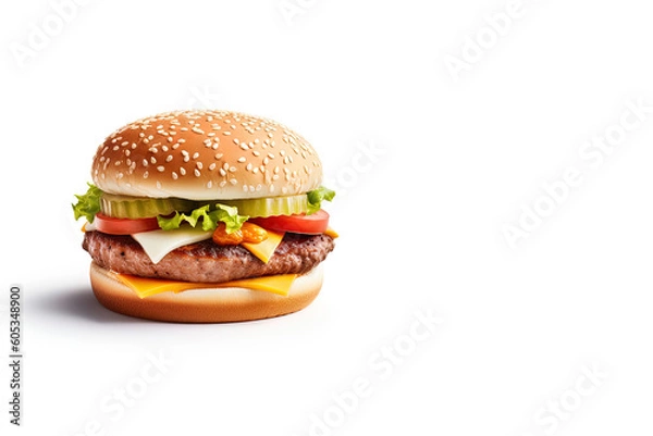 Fototapeta Delicious and tasty burger isolated on white background. fast food with copy space. Created with Generative AI Technology