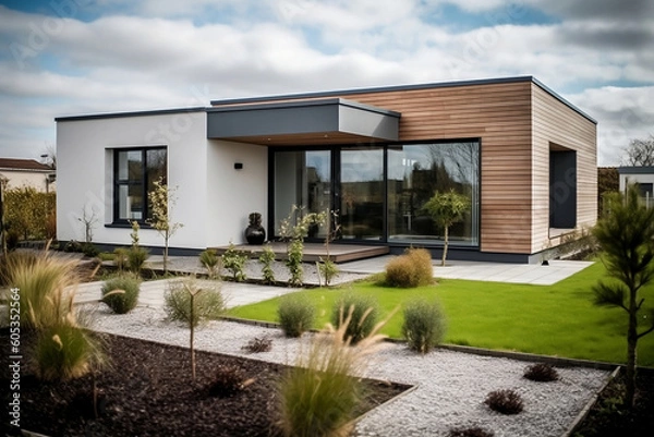 Fototapeta Titre : Modern house in a garden - IA générative