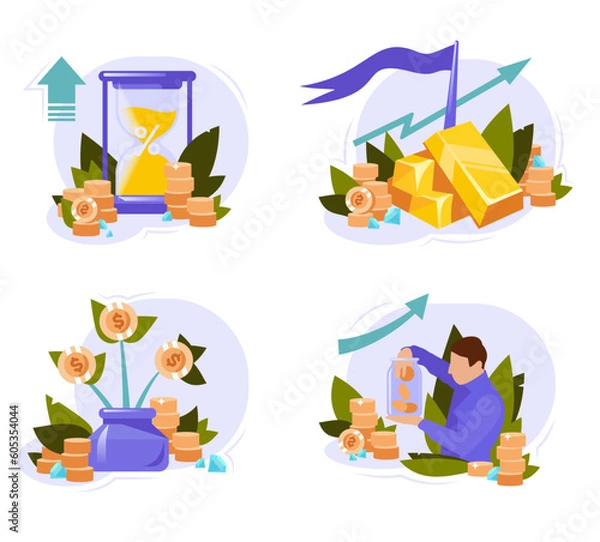 Fototapeta Deposit account in a bank. Profit from a bank deposit. Set of isolated illustrations in a flat style. vector illustration.