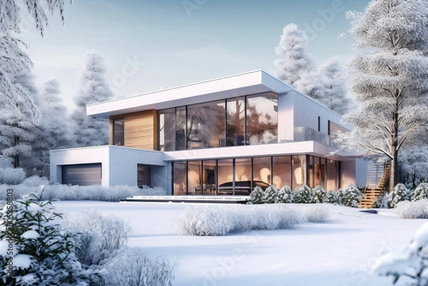 Fototapeta Modern house under the snow - IA générative