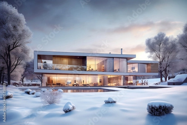 Fototapeta Modern house under the snow - IA générative