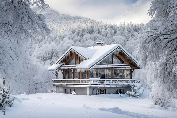 Fototapeta Modern house under the snow - IA générative