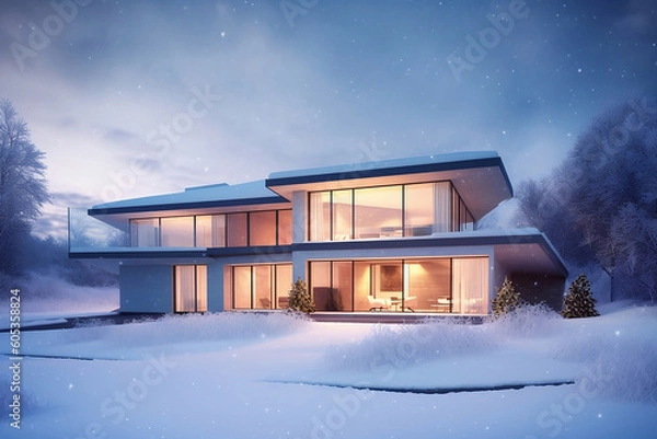 Fototapeta Modern house under the snow - IA générative