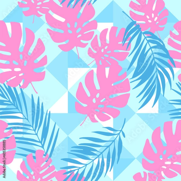 Fototapeta Exotic leaves on geometrical rhombus background. Seamless tropical pattern