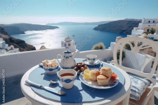 Fototapeta Breakfast on the veranda of the hotel with a magnificent view. AI generative
