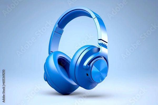 Fototapeta Blue headphones isolated on blue background. Wireless and wired headset with noise cancelling. Generative AI