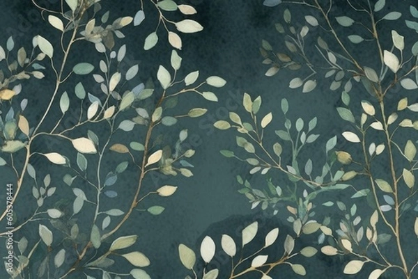 Fototapeta Background of green leaves and branches in watercolor design, in the style of dark white and light gold. Generative AI