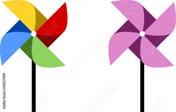 Fototapeta Set of Colorful Pinwheel or Spinning Windmill with Stick Symbol Icon. Vector Image.