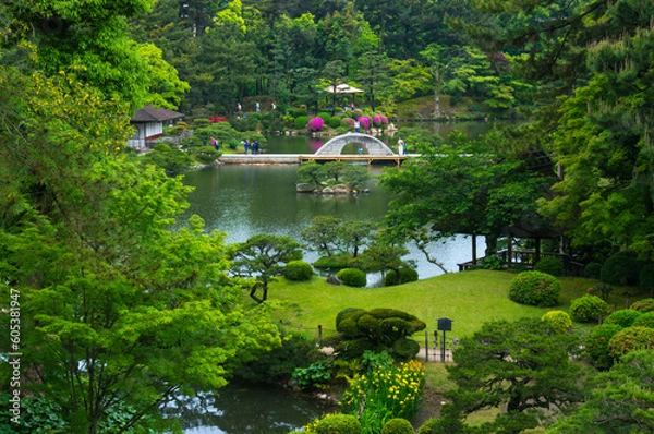 Fototapeta 広島 縮景園の迎暉峰から眺める夏の日本庭園
