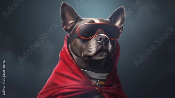 Fototapeta Encounter a stylish dog with a superhero cape and sunglasses, a charming image of courage. Made by AI.