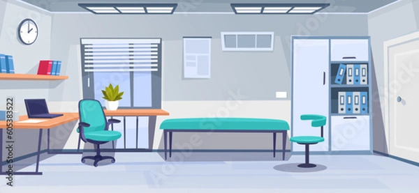 Obraz An interior design of a medical doctor's office. Empty physician cabinet in a hospital. Healthcare practitioner's workplace with furniture and work equipment. Cartoon vector illustration.
