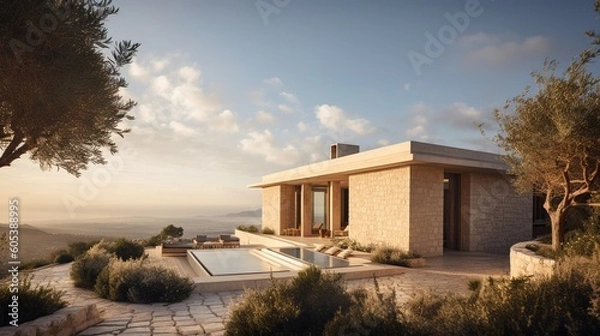 Fototapeta Modern white stone house with pool on a sunny day Generative AI