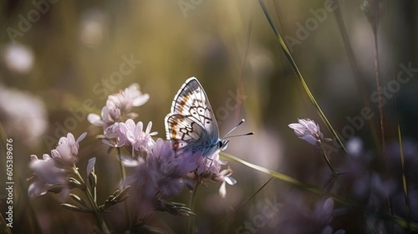 Fototapeta Butterfly flying over pink plants on a blurred background Generative AI