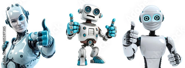 Fototapeta Set of friendly robot giving thumbs up on transparent background