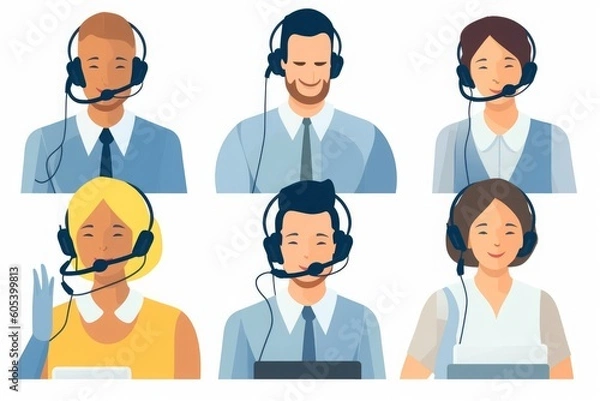 Fototapeta Help desk, call center. Customer service, hotline operators with headsets. Online technical support 24 h. illustration, Generative AI