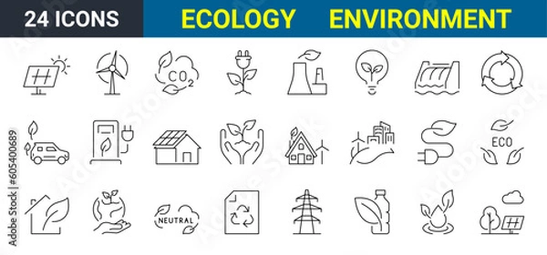 Fototapeta Ecology, environment and sustainable development concept thin line icons set. Simple vector illustration. Editable stroke