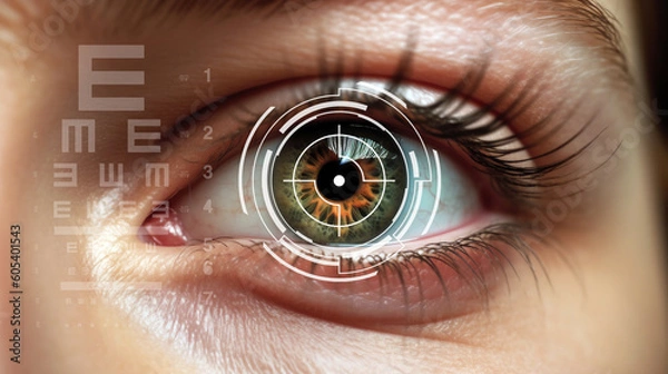 Fototapeta Concept of laser eye surgery for glaucoma: Close-up of eye with reticle or target overlay, also useful for conveying Lasik procedures