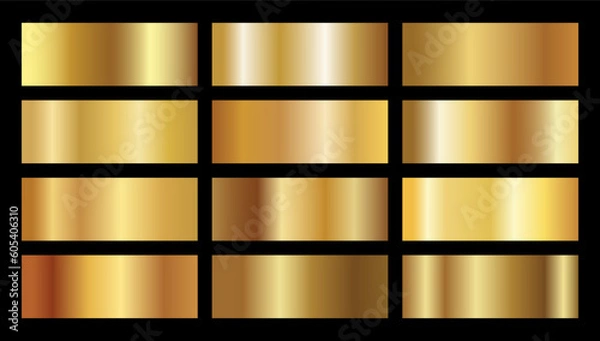 Fototapeta Set of gold foil texture background. Golden, copper, brass and metal gradient template. Vector golden, copper, brass and metal gradient template.