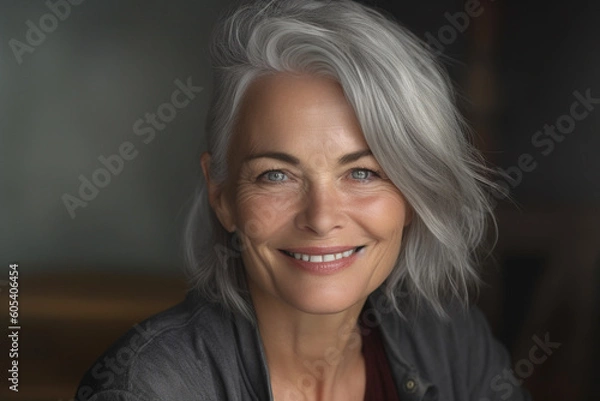 Fototapeta a happy young woman with grey hair in the style of smooth and polished with Generative AI