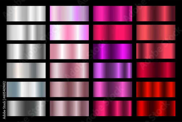 Fototapeta Pink metallic rose vector gradients, pink colorful palette and texture set. Iridescent Foil. Glitch Hologram. Pastel neon rainbow. Ultraviolet metallic paper.   Glossy pink background for ribbons.