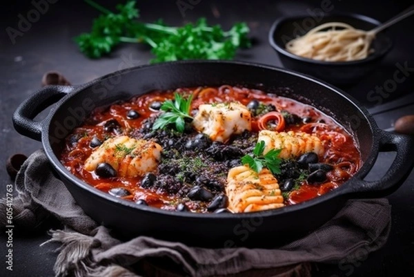 Fototapeta Traditional Italian spaghetti al nero di seppia with squid ink in tomato sauce served as close-up in a cast-iron pan on a wooden board, generate ai