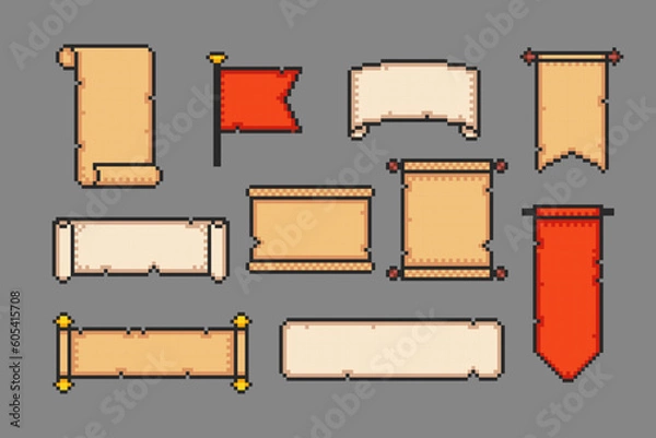 Fototapeta Papyrus scroll collection 8 bit sprite. Pixel vintage scrolls ribbons, ancient manuscripts, parchment banners. Manuscript template with paper ripped sides, pixel art.