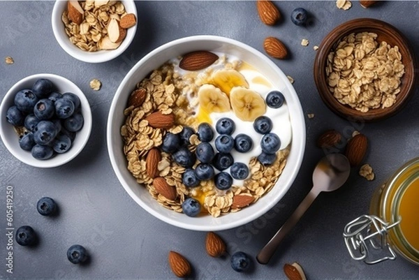 Obraz Bowl of greek yogurt with oatmeal granola, banana, blueberry, nuts, chia seeds and honey on gray table. Top view, generate ai