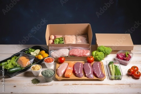 Obraz Box with packed meat and vegetables on kitchen background. Food delivery services during the coronavirus pandemic and social distancing. Shopping online. Dinner delivery service, generate ai