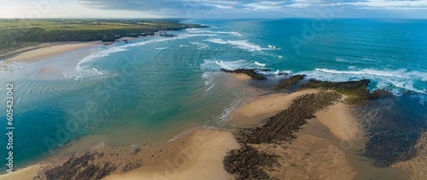 Fototapeta Aerial view in panorama format of a coastline with river mouth in the vicinity of the village of Vila Nova de Milfontes