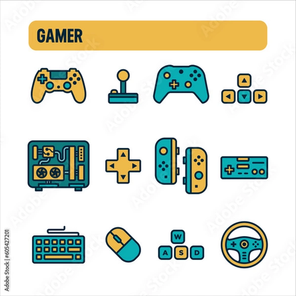 Fototapeta Gamer icons. Gamer and streamer vector set. Color icon design. Controls and peripherals.