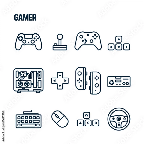 Fototapeta Gamer icons. Gamer and streamer vector set. Linear icon design. Controls and peripherals.