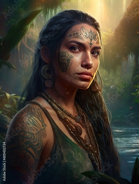 Obraz Resolute Gaze: Hyper-realistic Portrait of an proud woman in the jungle - beauty - warrior - art