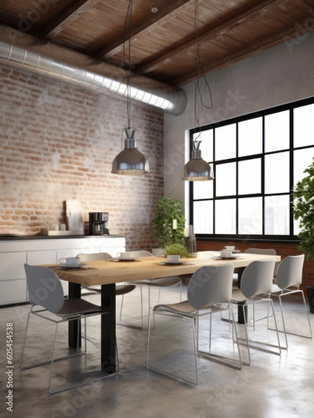 Fototapeta dining table takes center stage in a modern loft setting with an emphasis on functionality. The background showcases a combination of exposed brick walls