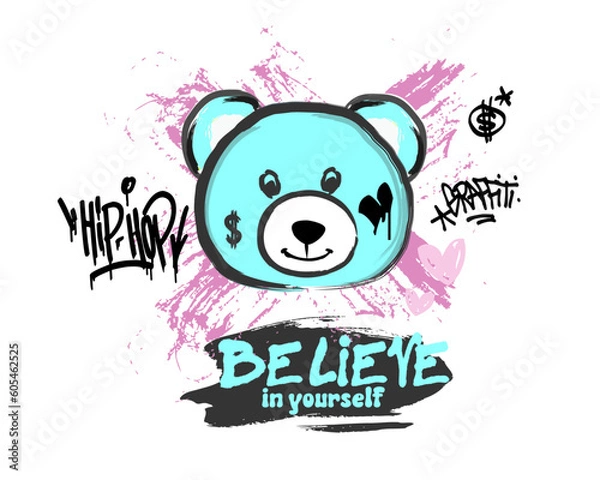 Obraz Hand drawing bear illustration vector and grunge slogan