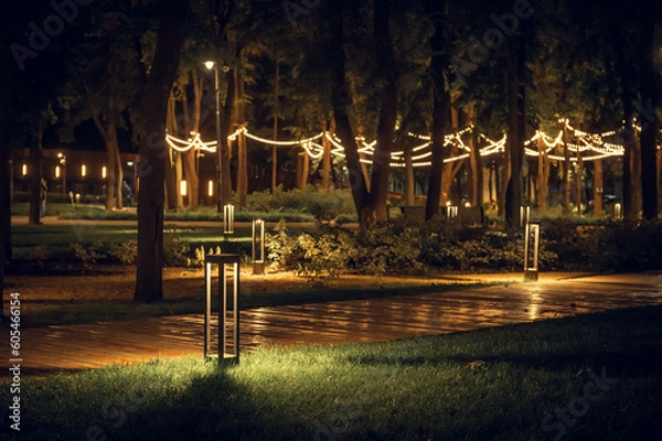 Obraz Bright garlands of light bulbs, on trees in a night park. The night park is decorated with beautiful garlands that hang on trees.