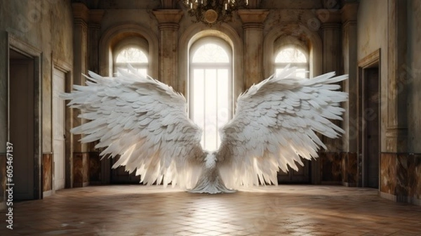 Fototapeta Ethereal Majesty: Ultra-Realistic Extra Large White Angel Wings as a Digital Backdrop in a Rustic Palace with Cinematic Lighting (Ultra-Wide Shot)