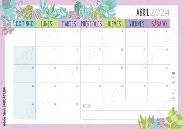 Obraz Calendario Planificador 2024 en Español - Tamaño A4 - Mes de Abril	