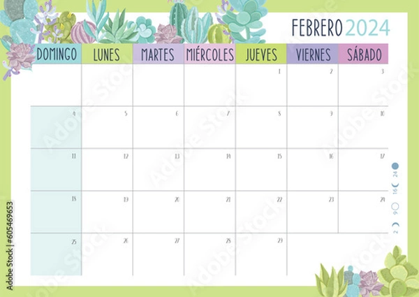 Obraz Calendario Planificador 2024 en Español - Tamaño A4 - Mes de Febrero